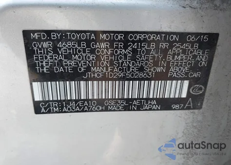 2015 Lexus Is 250 из США, поврежденный, VIN JTHCF1D29F5028631